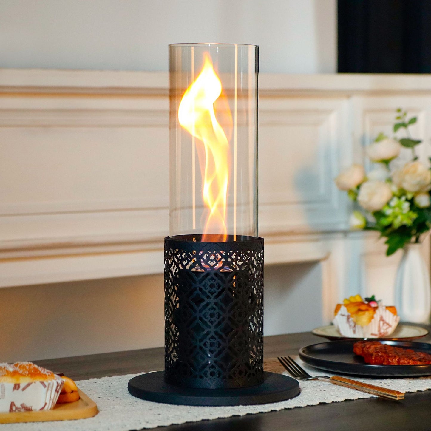 Fireplace Torch Lamp - Small Plug-In Hurricane Flame with Long Glass Tube