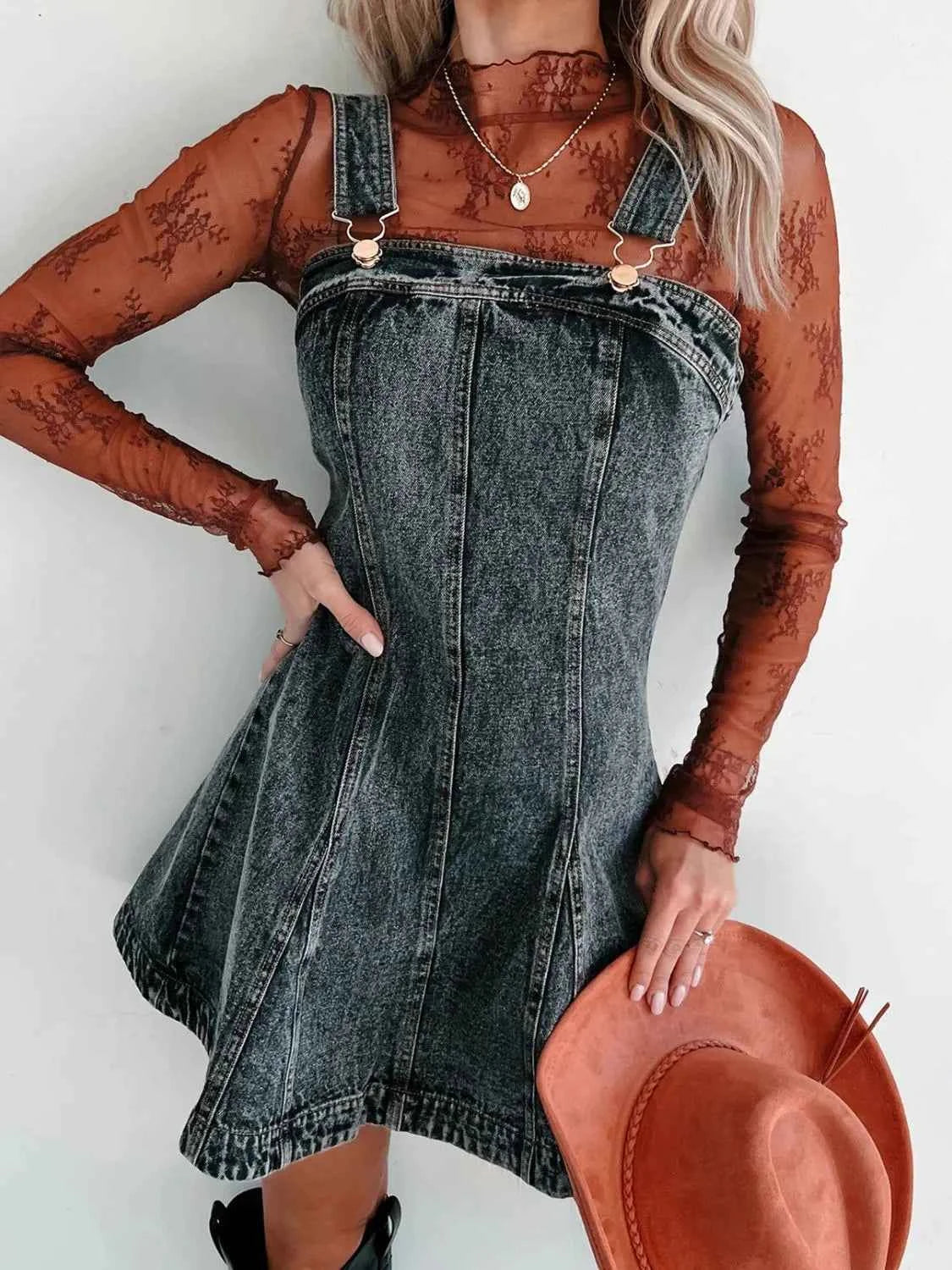 Square Neck Wide Strap Denim Dress