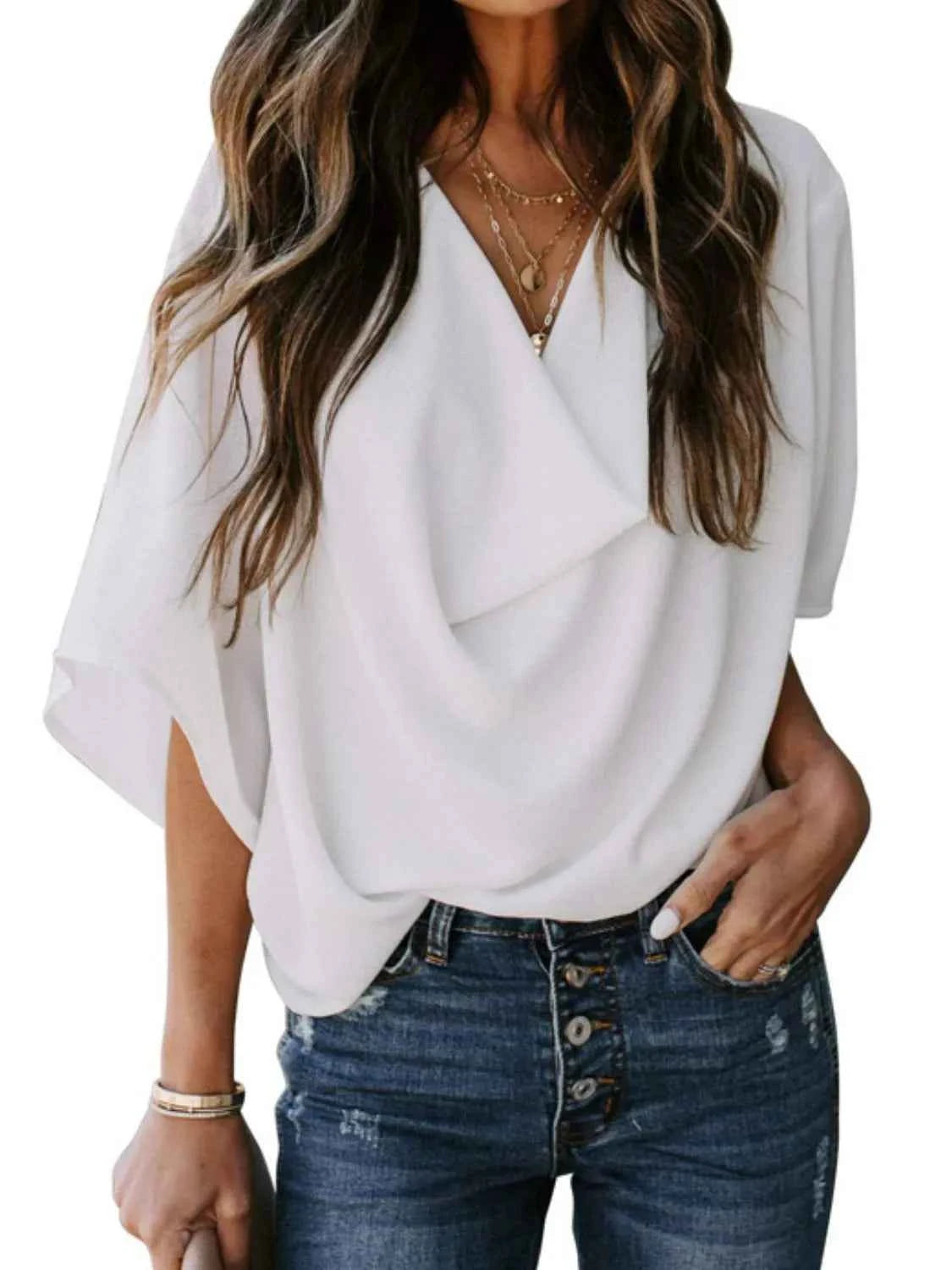 Full Size Ruched Three-Quarter Sleeve Blouse Plus Size White