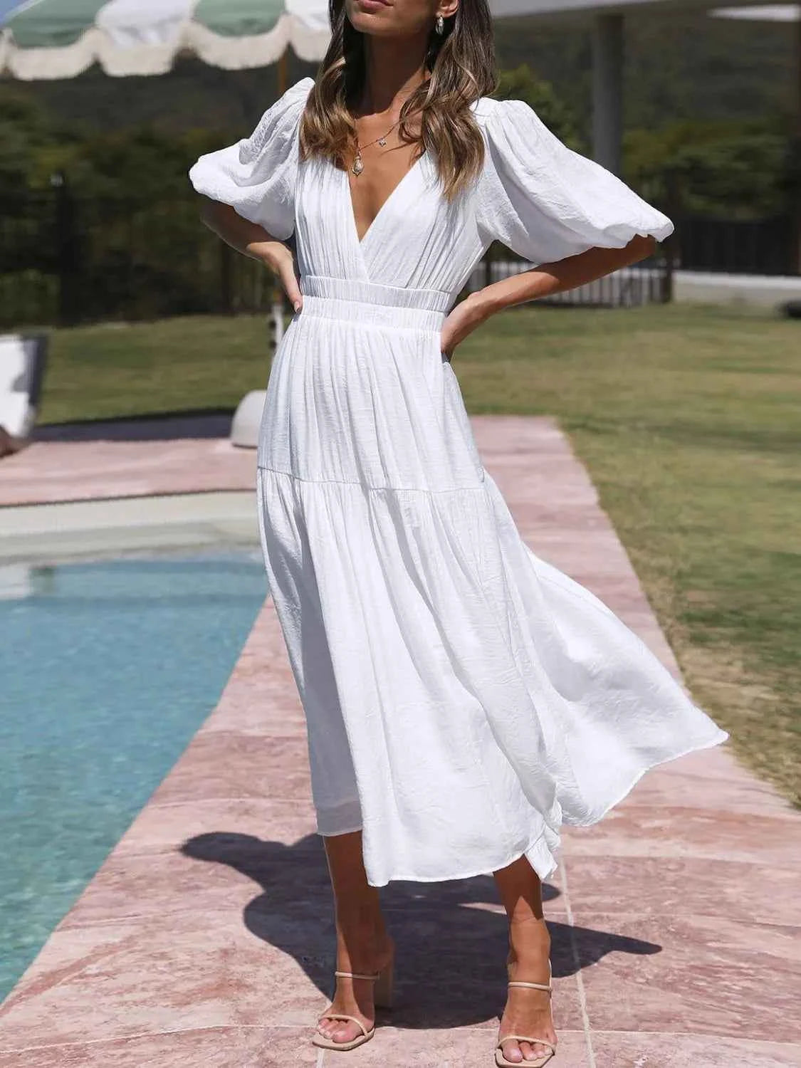 V-Neck Puff Sleeve Midi Dress