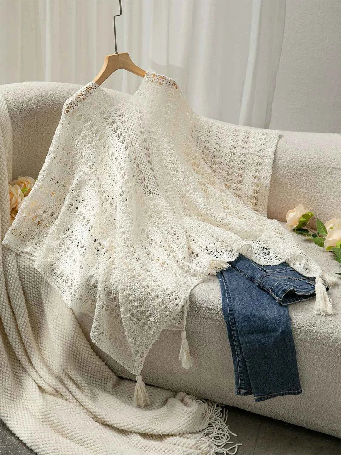Openwork Tassel Open Front Knit Cover Up