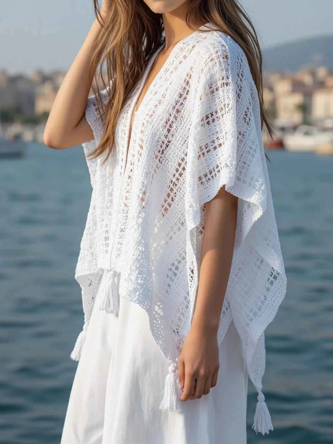 Openwork Tassel Open Front Knit Cover Up