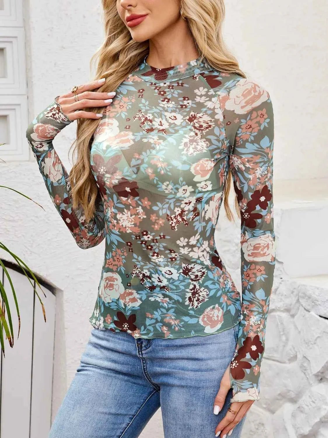 Floral Mock Neck Long Sleeve Top Teal