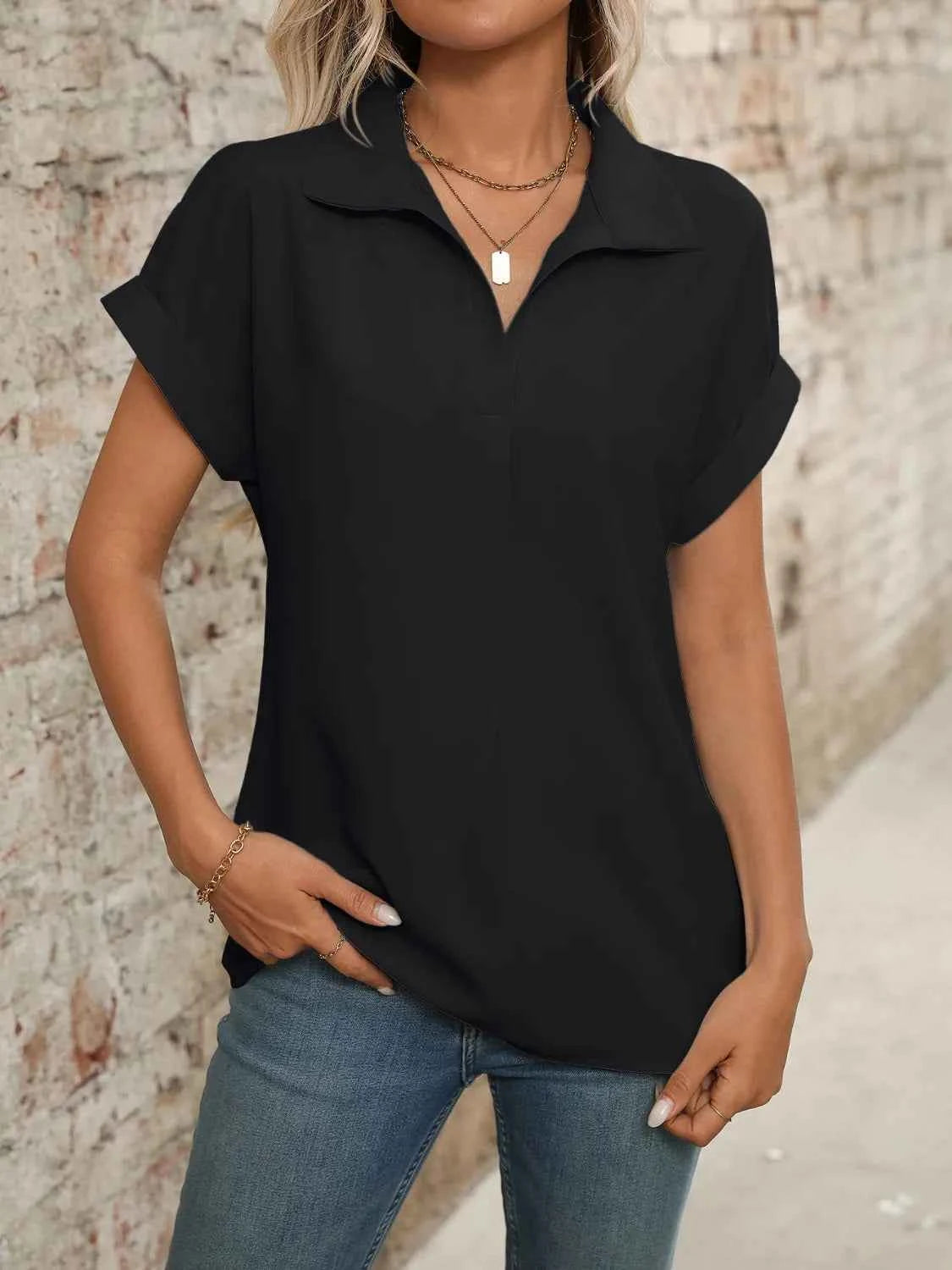 Collared Neck Short Sleeve Blouse