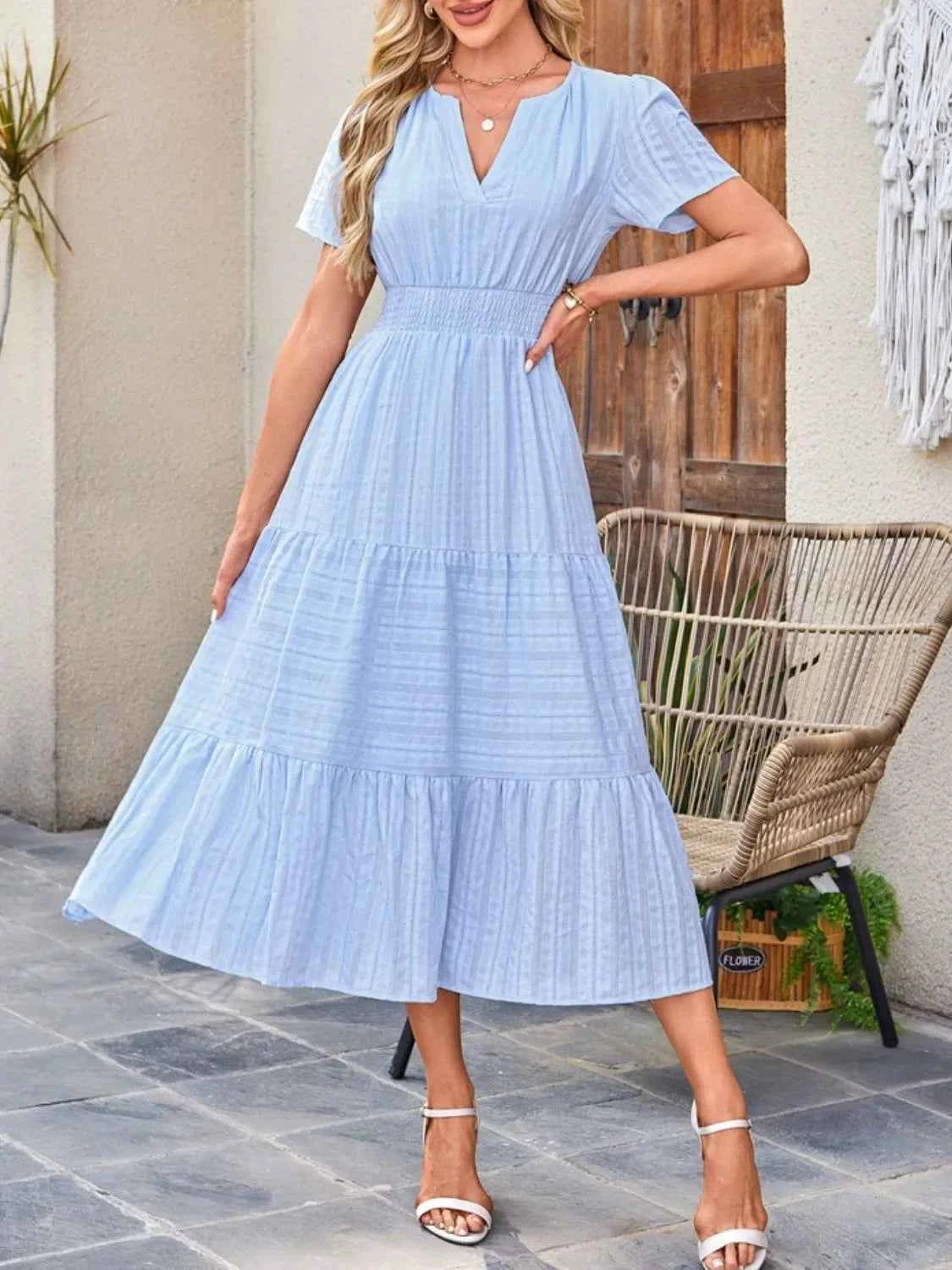 Tiered Notched Short Sleeve Dress