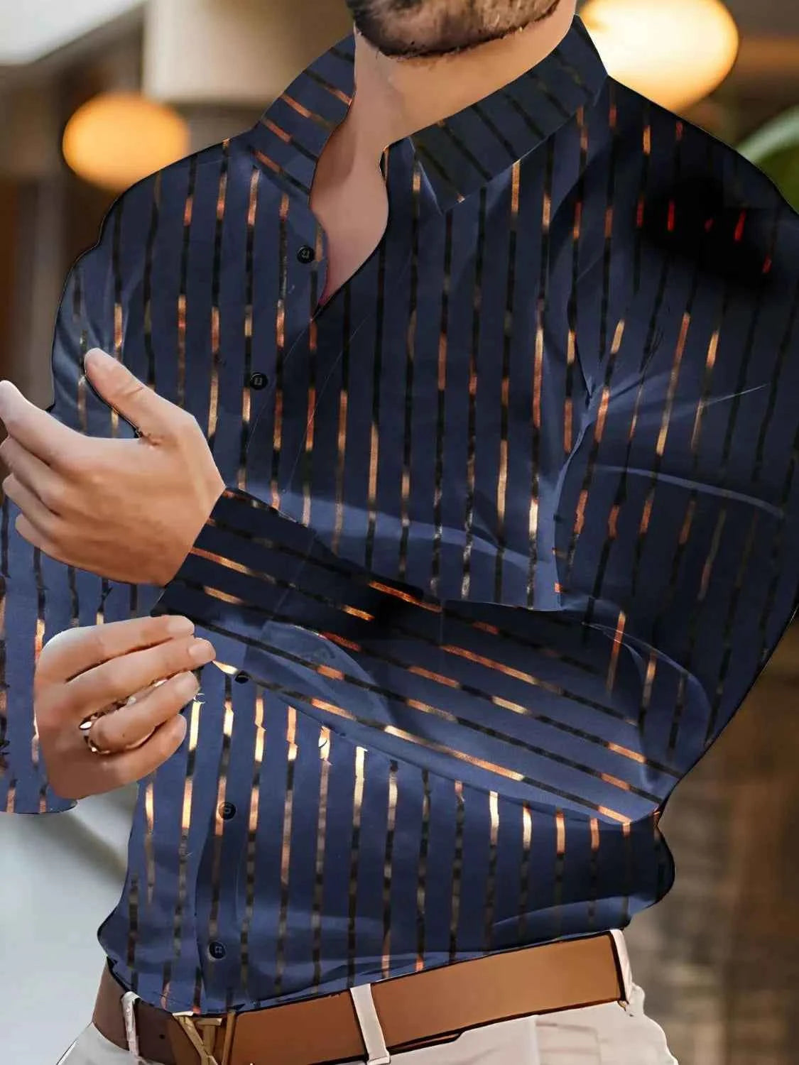 Men's Full Size Striped Button Up Long Sleeve Shirt Plus Size