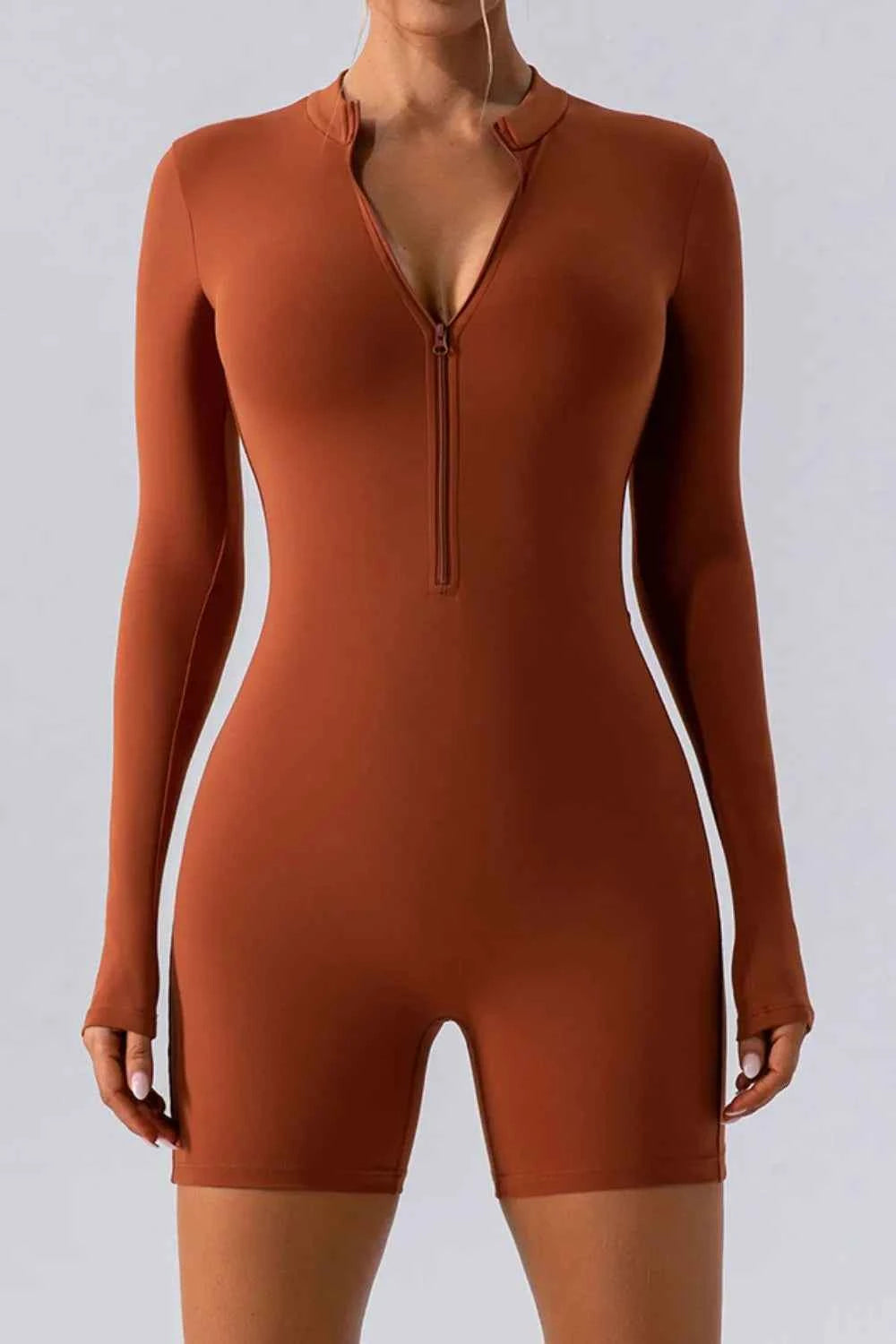 Half Zip Long Sleeve Active Romper Caramel
