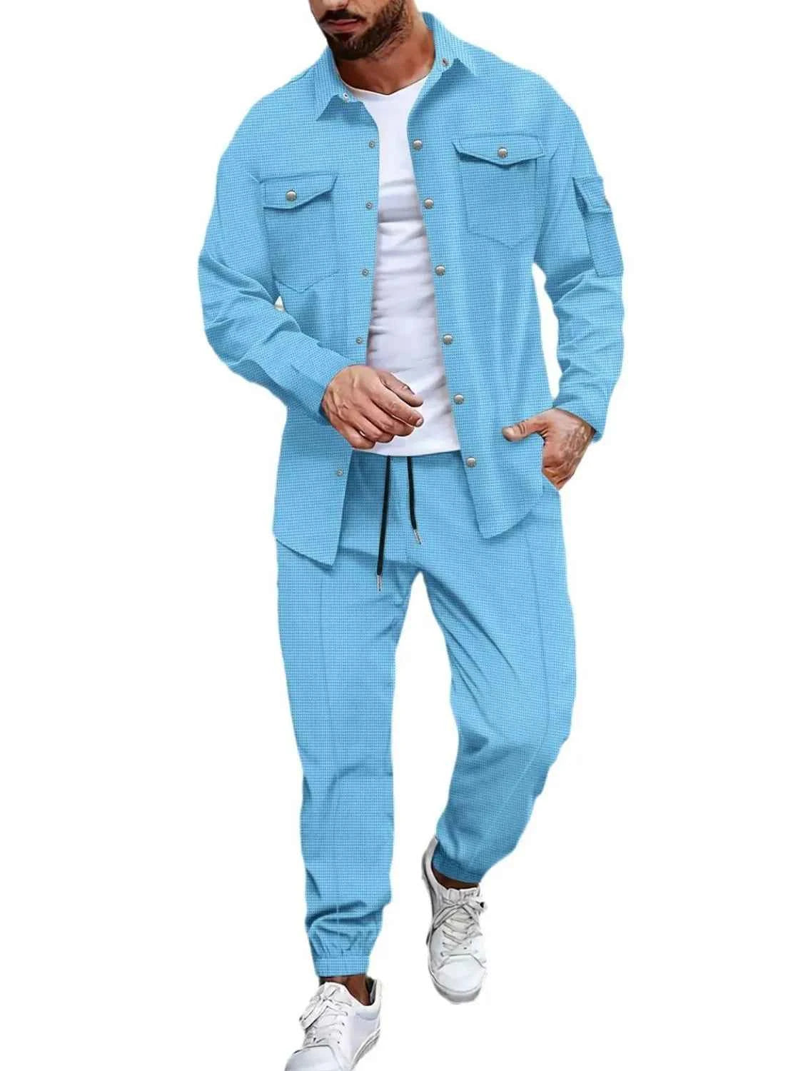 Men's Full Size Snap Down Long Sleeve Top and Pants Plus Size