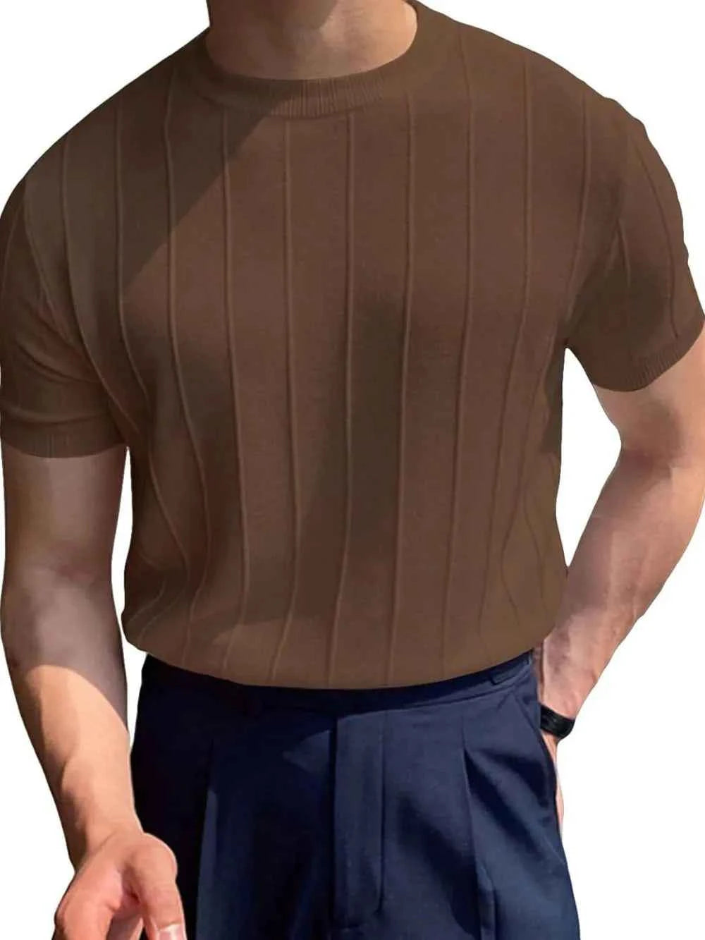 Men's Full Size Round Neck Short Sleeve T-Shirt Plus Size Coffee Brown