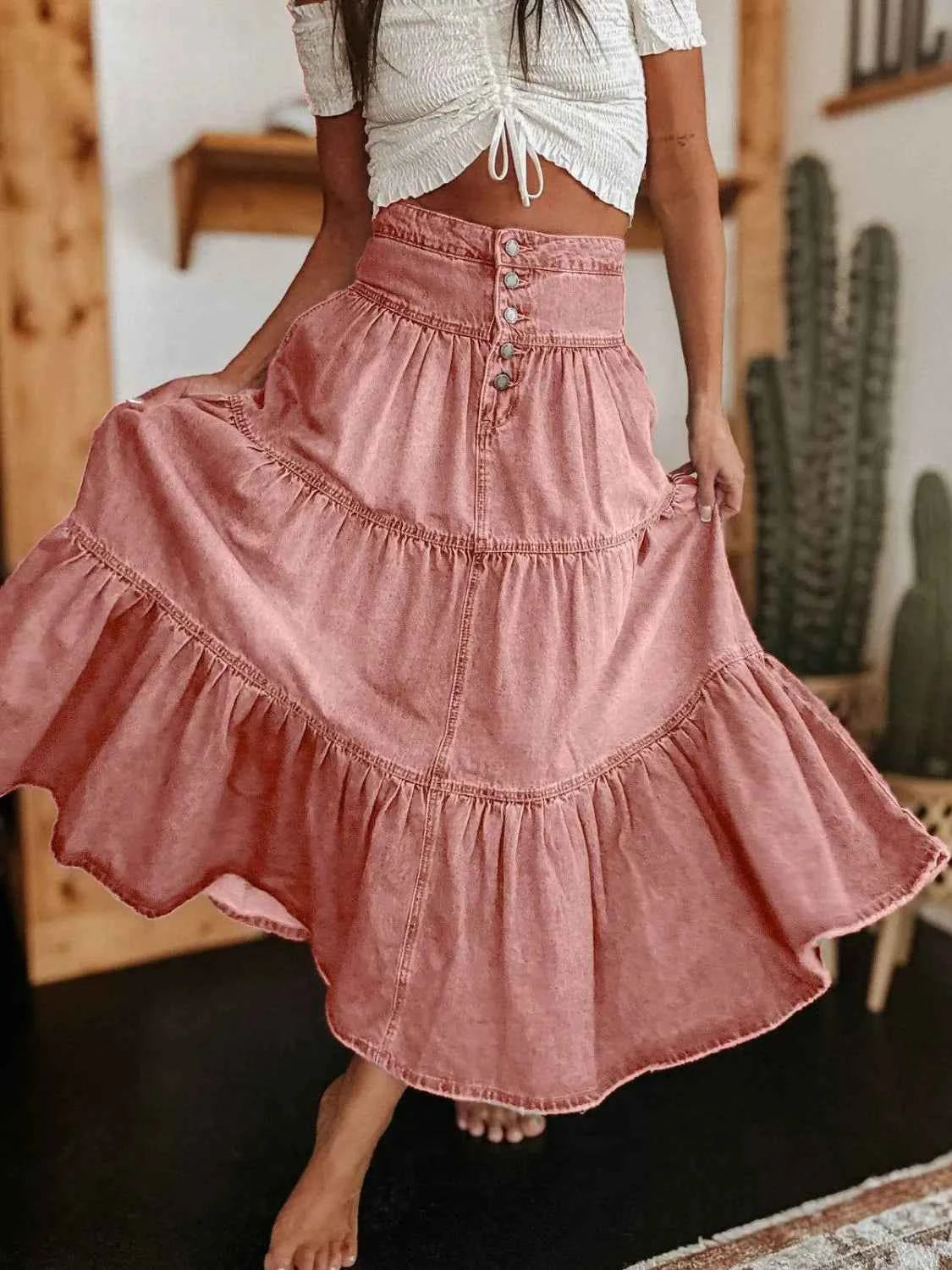 Ruched Button Fly Denim Skirt