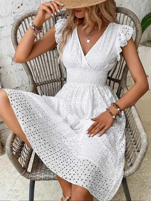 Eyelet Surplice Cap Sleeve Dress White