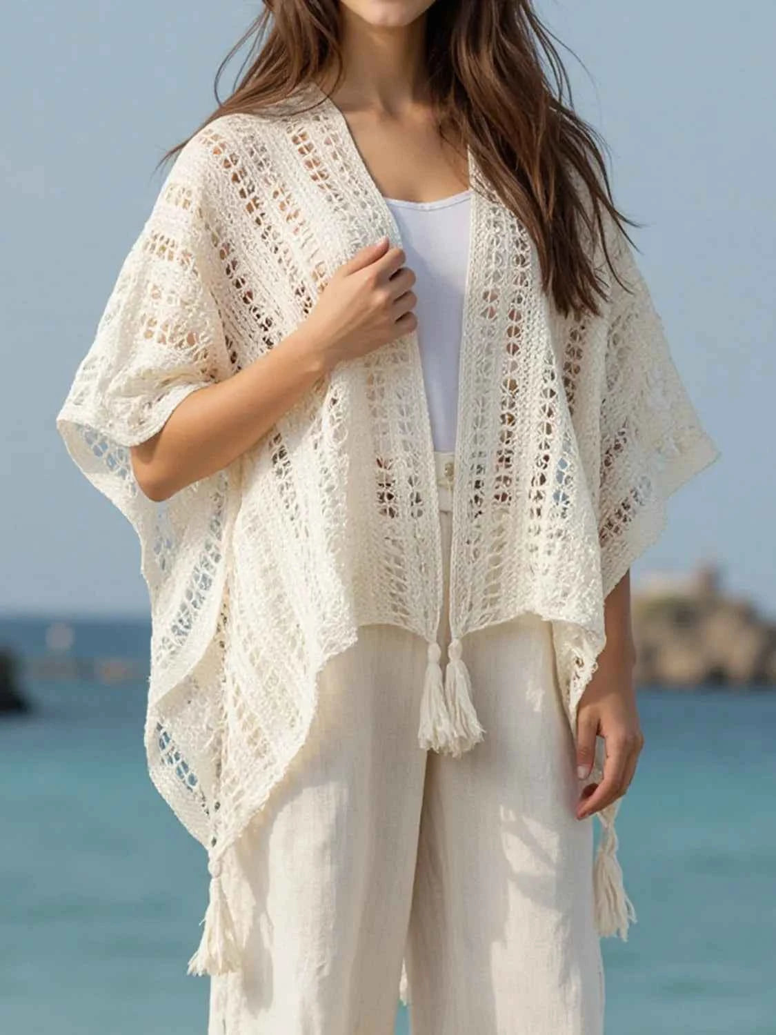 Openwork Tassel Open Front Knit Cover Up