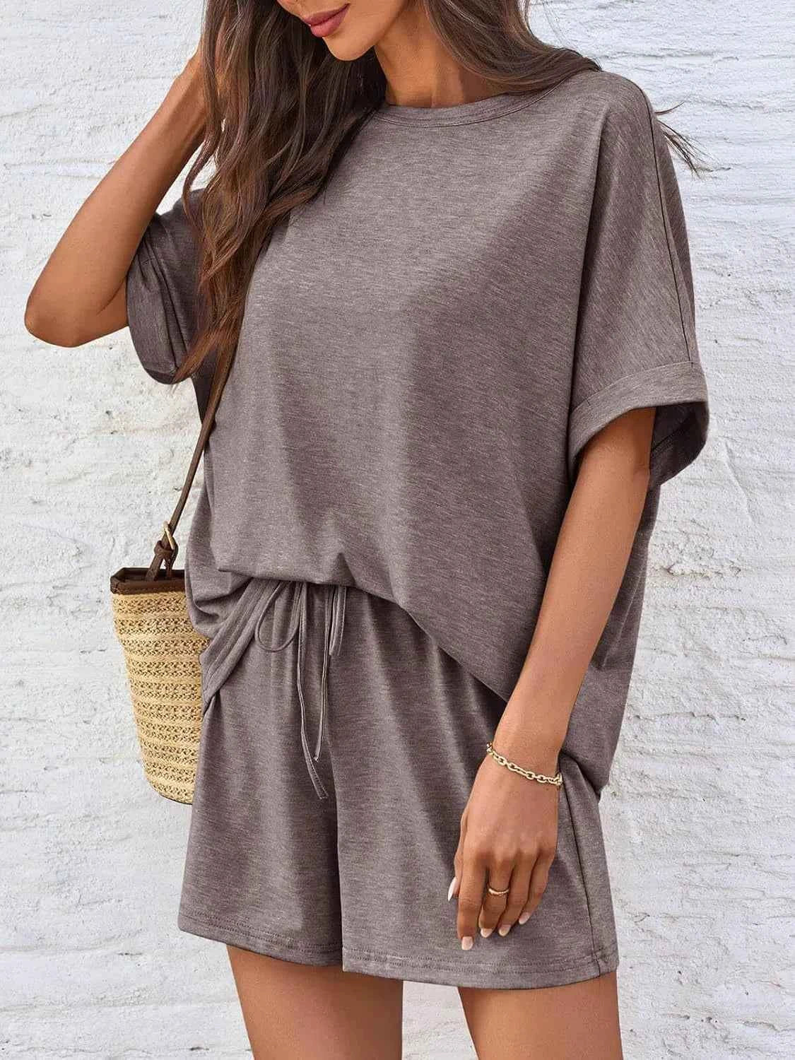 Round Neck Short Sleeve Top and Shorts Set