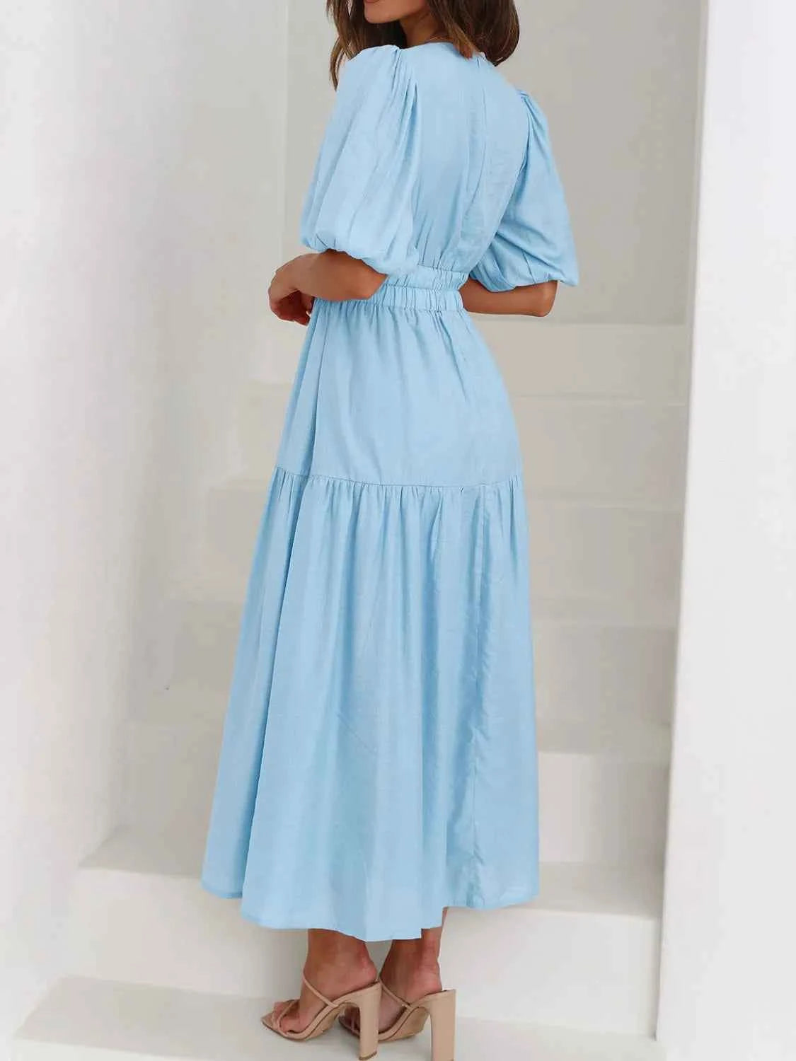 V-Neck Puff Sleeve Midi Dress