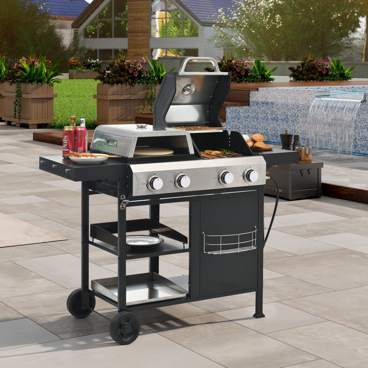 Multi Function Burner Gas Grill Barbecue Frying Pizza Covered Combination