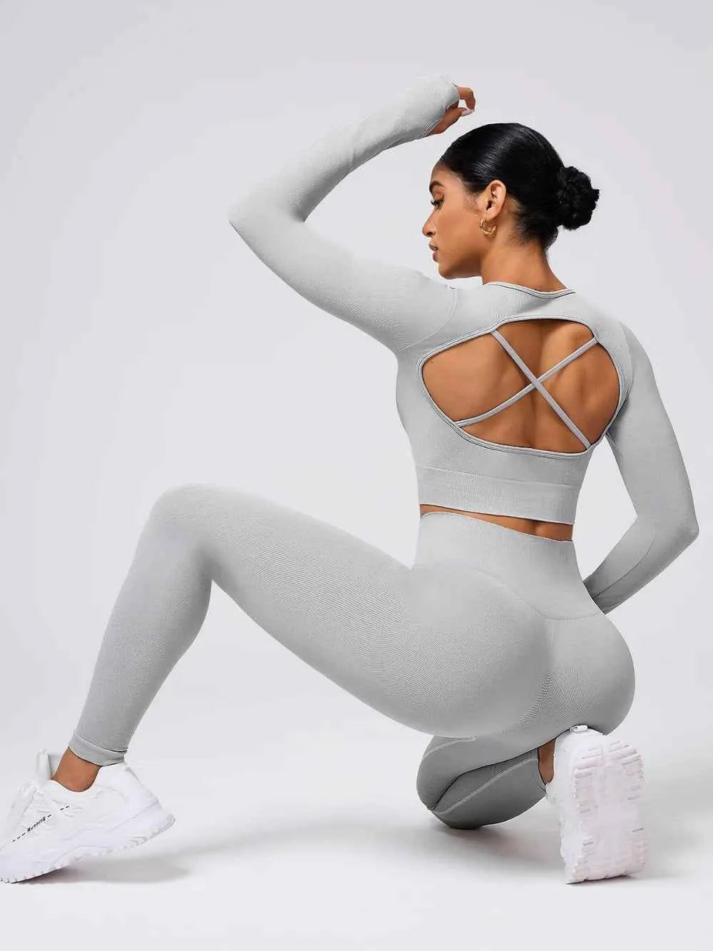 Back Crisscross Round Neck Long Sleeve Top and Leggings Active Set