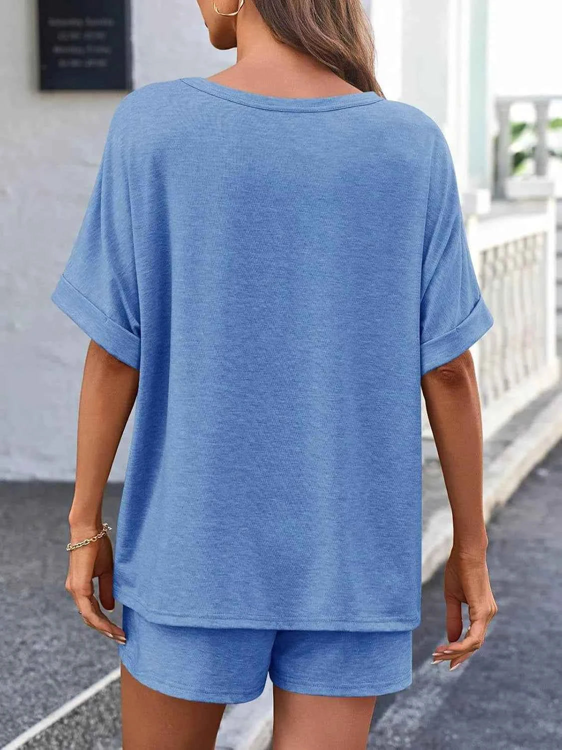 Round Neck Short Sleeve Top and Shorts Set