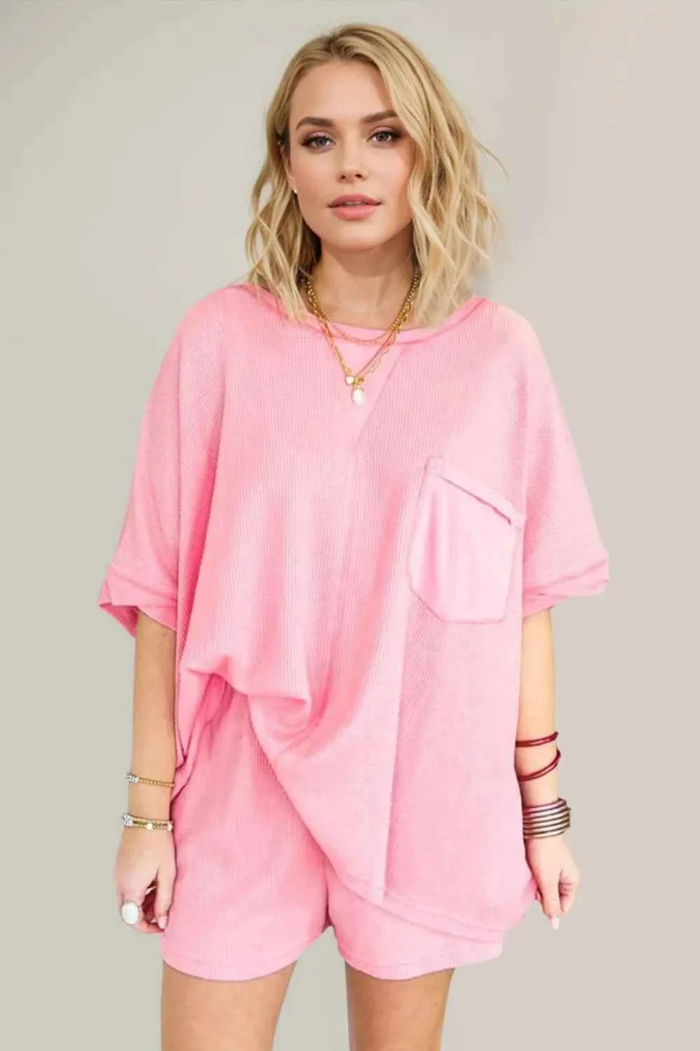 Premium Elite Oh Full Size Round Neck Half Sleeve Top and Shorts Set Dusty Pink S