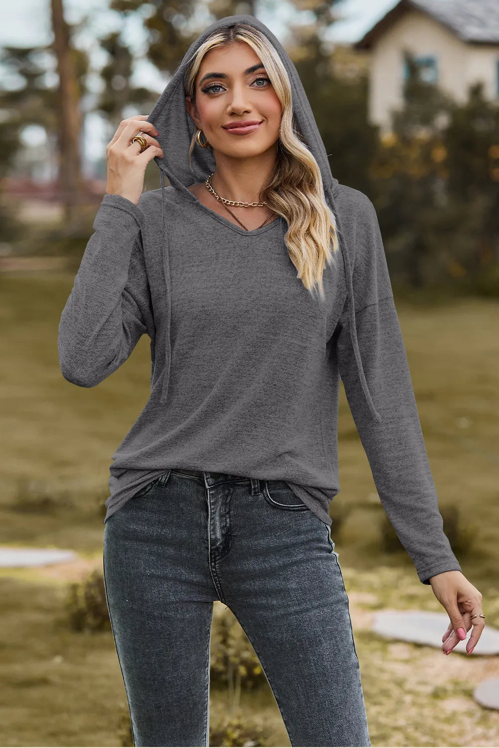 Drawstring Dropped Shoulder Hooded T-Shirt Dark Gray