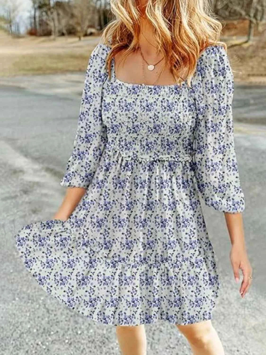 Signature Smocked Floral Square Neck Dress
