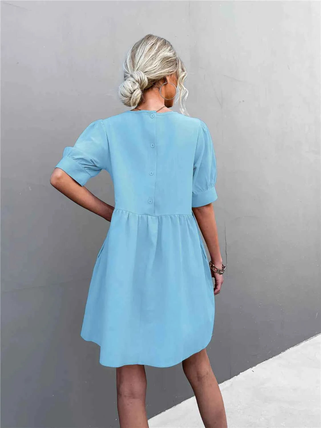 Round Neck Puff Sleeve Mini Dress