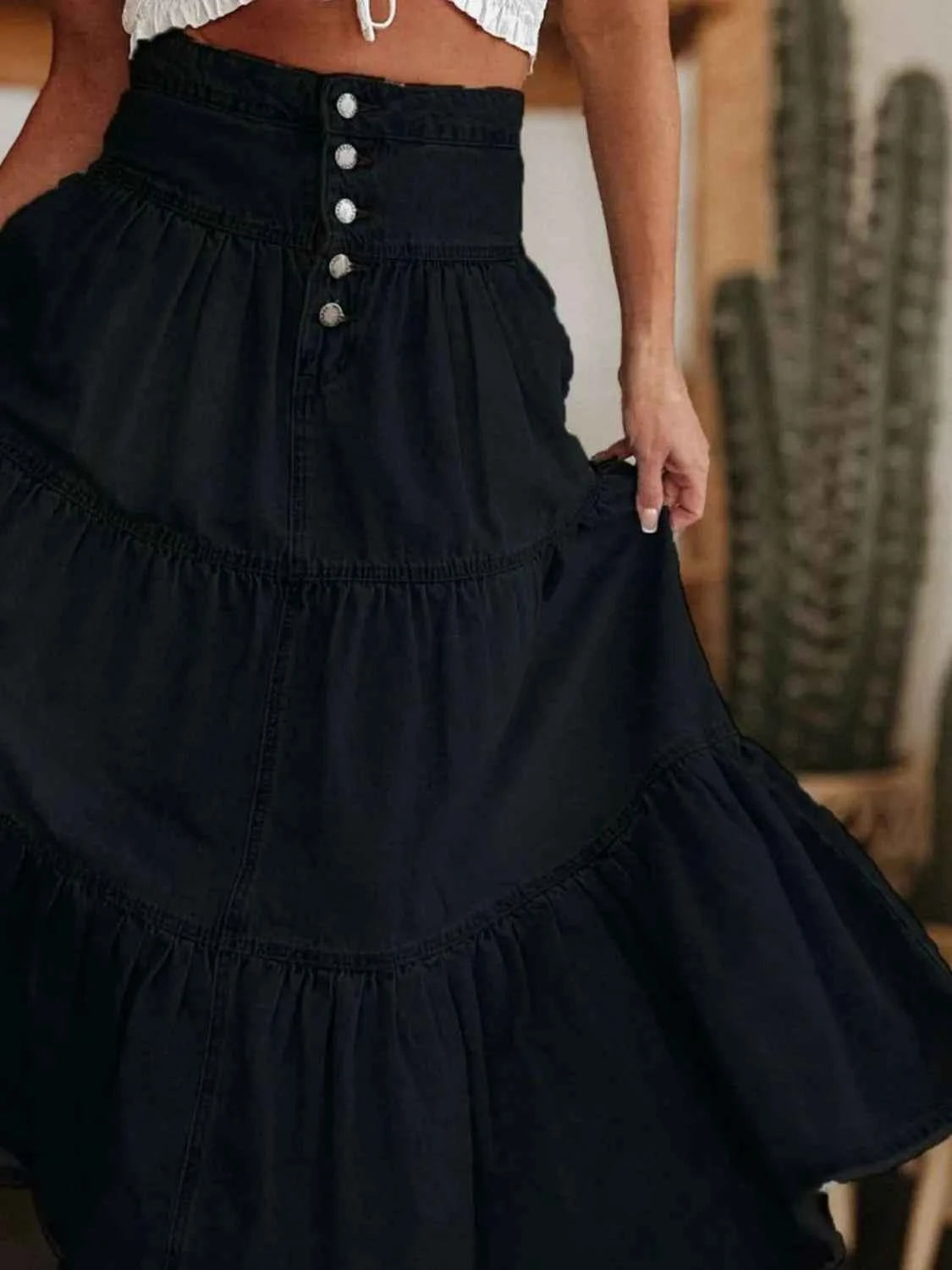 Ruched Button Fly Denim Skirt