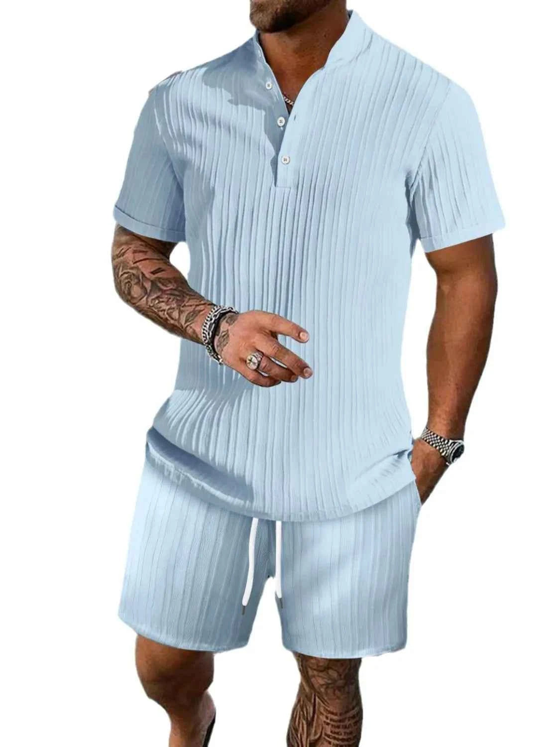 Signature Men's Full Size Button Detail Short Sleeve Top and Shorts Set Plus Size