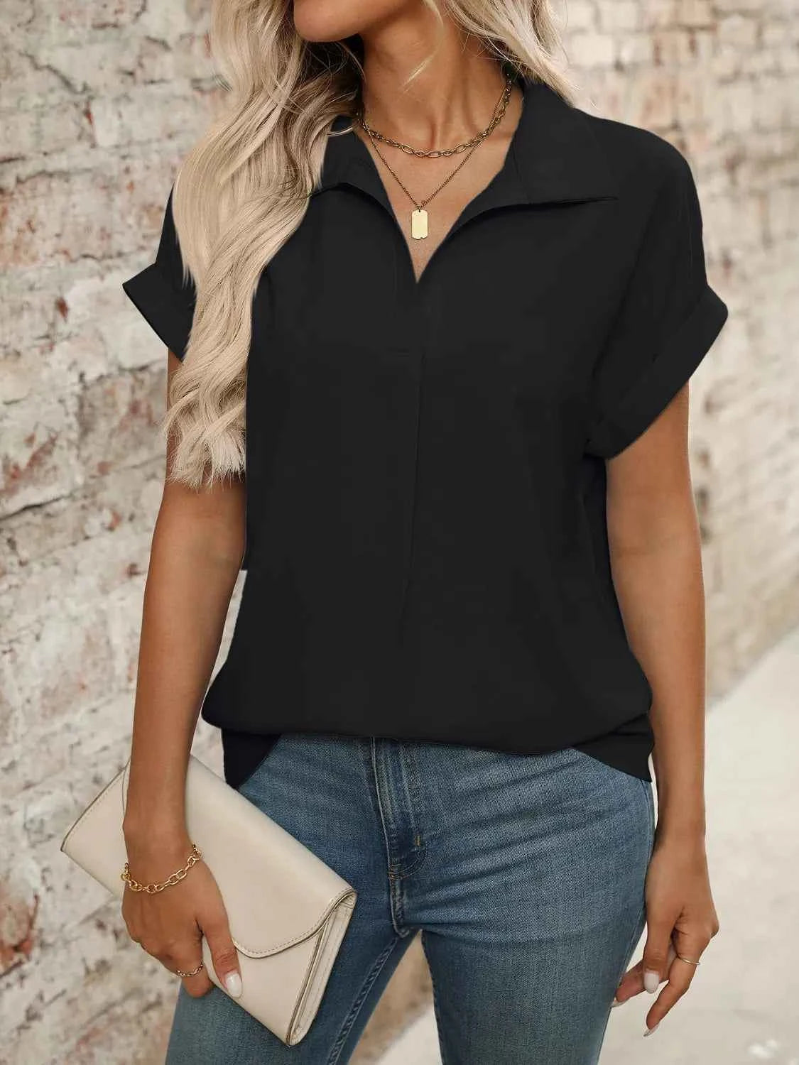 Collared Neck Short Sleeve Blouse
