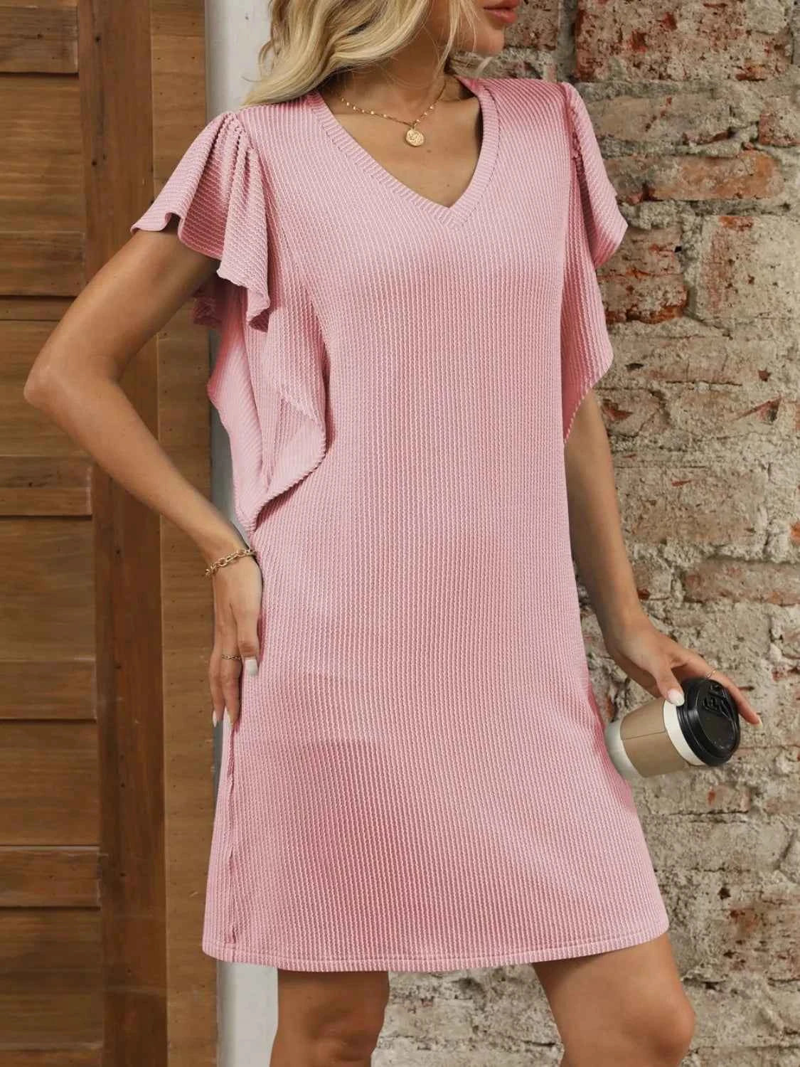 Signature Ruffled V-Neck Cap Sleeve Mini Dress Blush Pink S