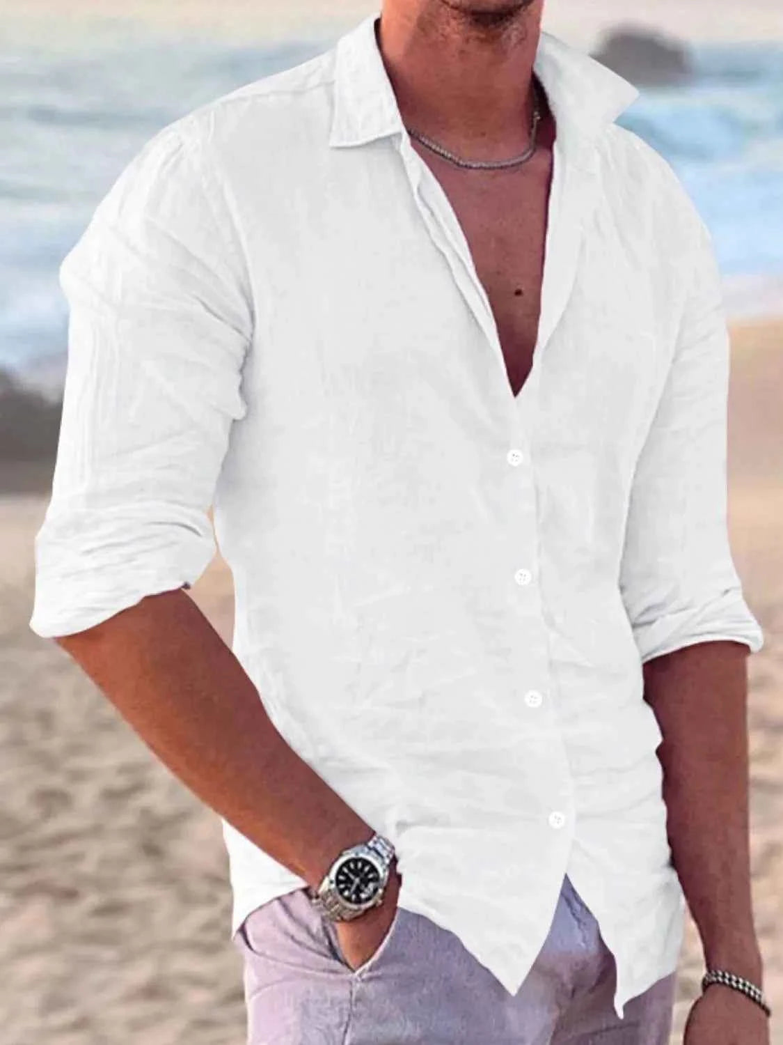 Men's Full Size Button Up Long Sleeve Shirt Plus Size White