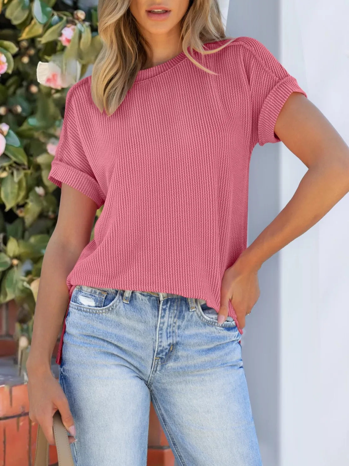 Round Neck Short Sleeve T-Shirt Deep Rose