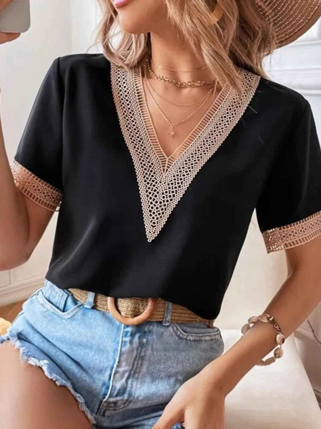 Full Size V-Neck Short Sleeve Blouse Plus Size