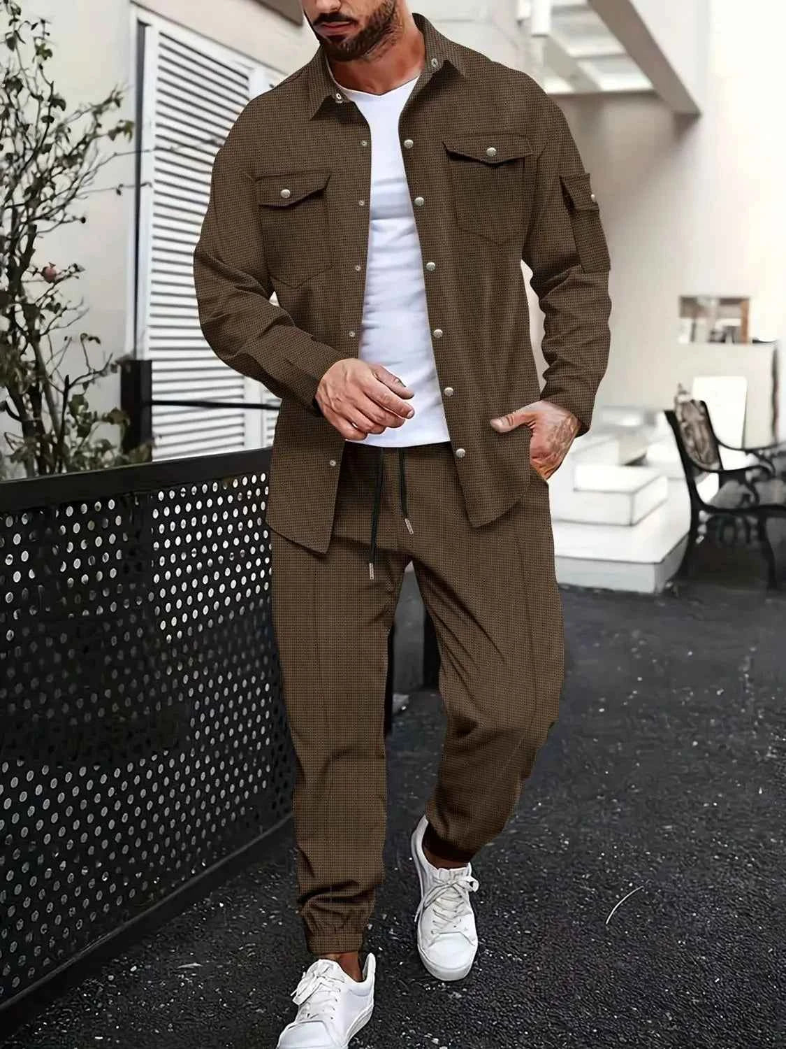 Men's Full Size Snap Down Long Sleeve Top and Pants Plus Size