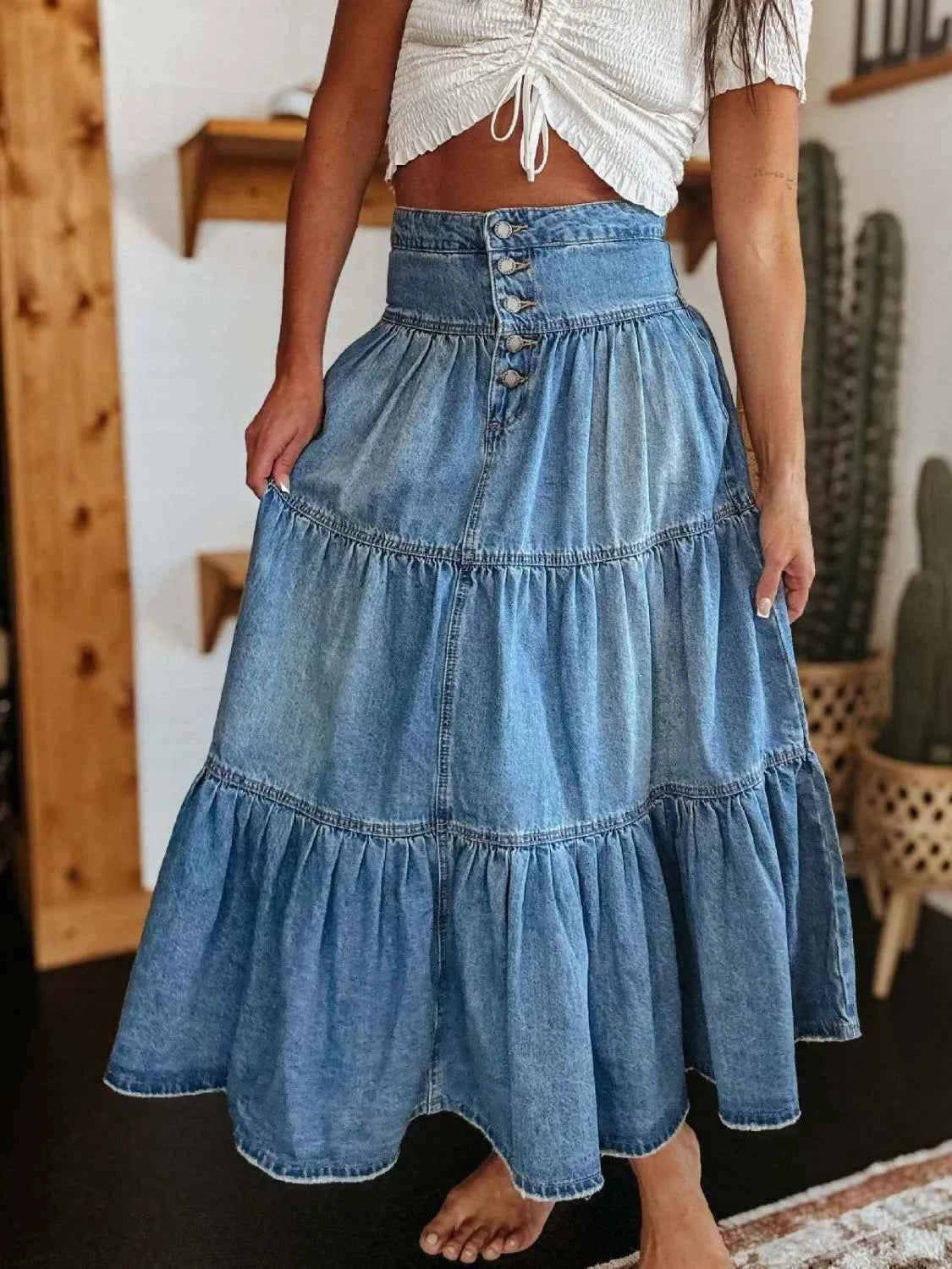 Ruched Button Fly Denim Skirt