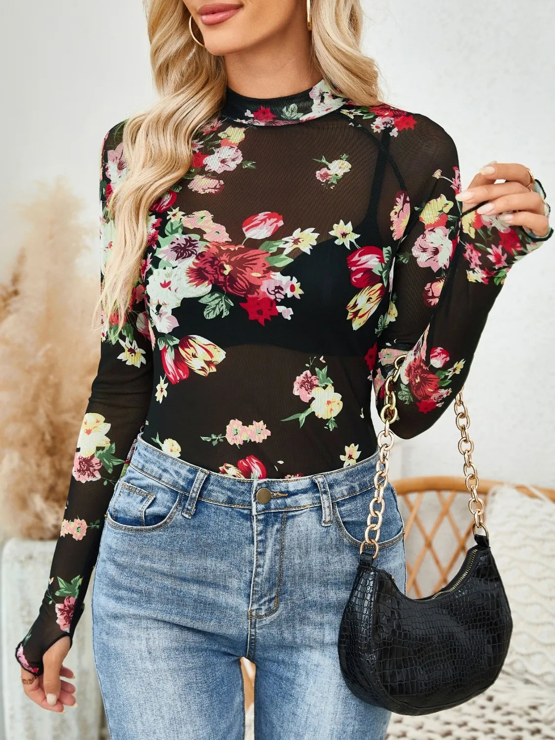 Floral Mock Neck Long Sleeve Top Black