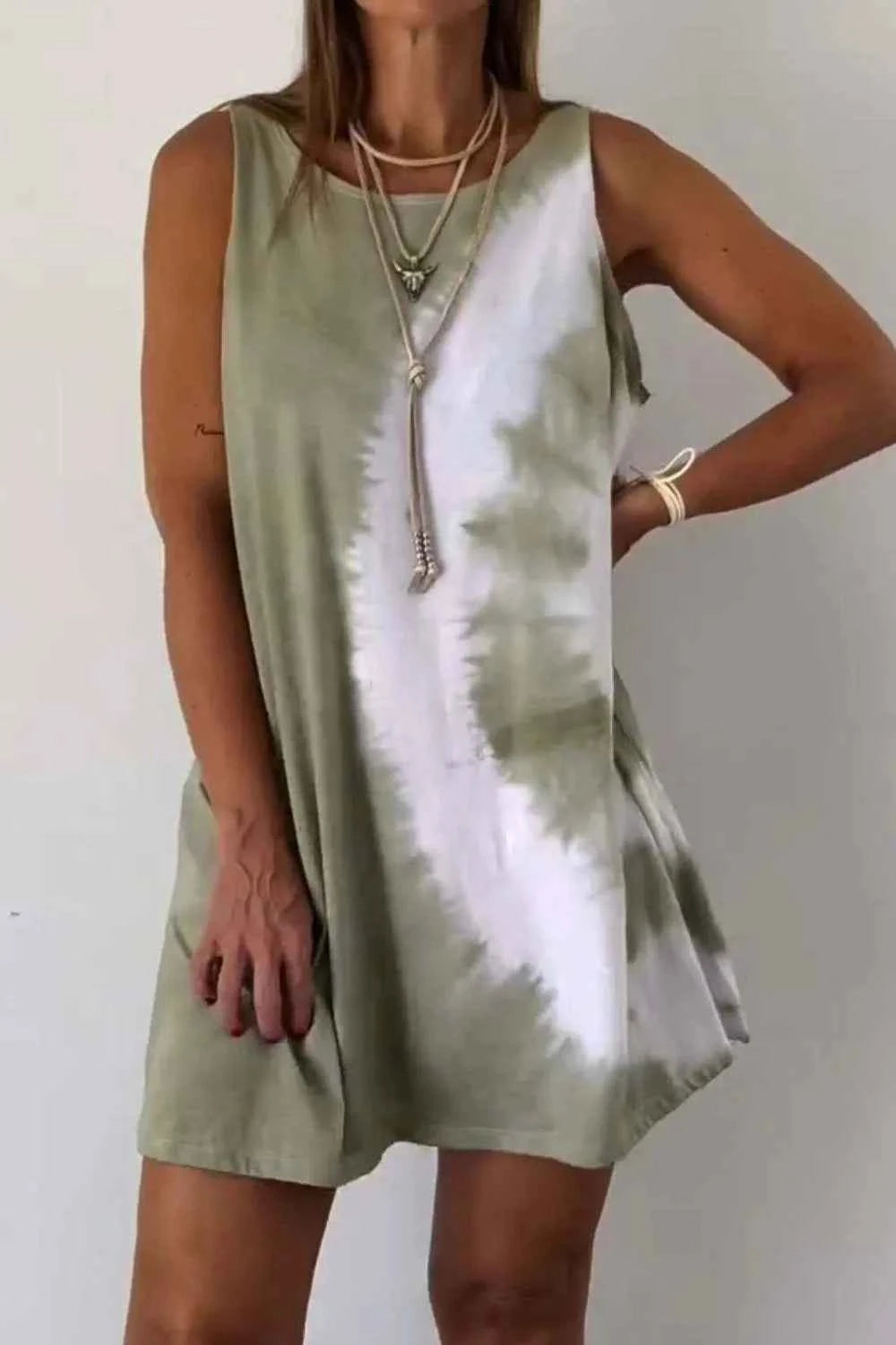 Full Size Tie-Dye Sleeveless Mini Tank Dress Plus Size Sage