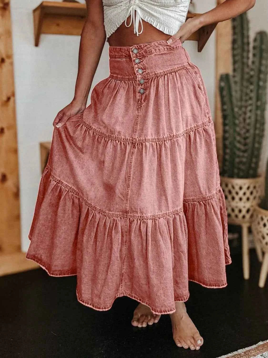 Ruched Button Fly Denim Skirt