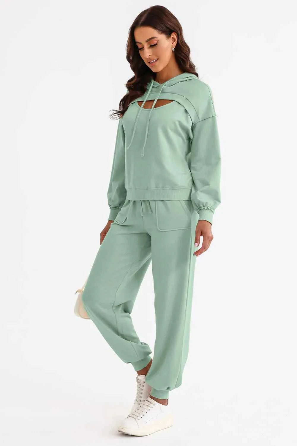 Premium Elite Cutout Drawstring Hoodie and Joggers Active Set Light Green S