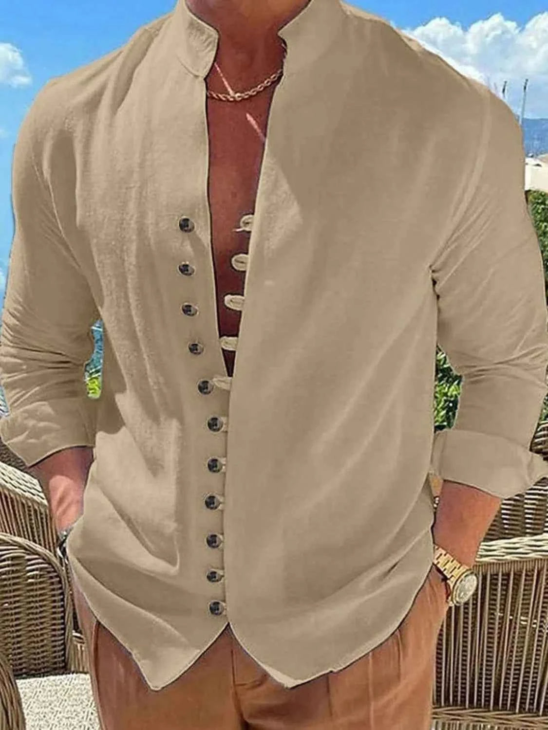 Men's Full Size Button Up Long Sleeve Shirt Plus Size Khaki