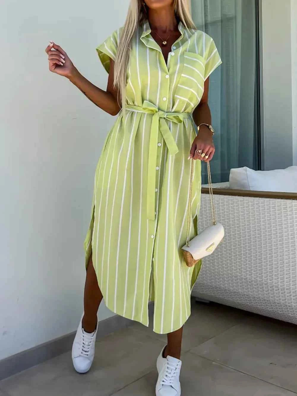 Striped Tie Waist Short Sleeve Dress