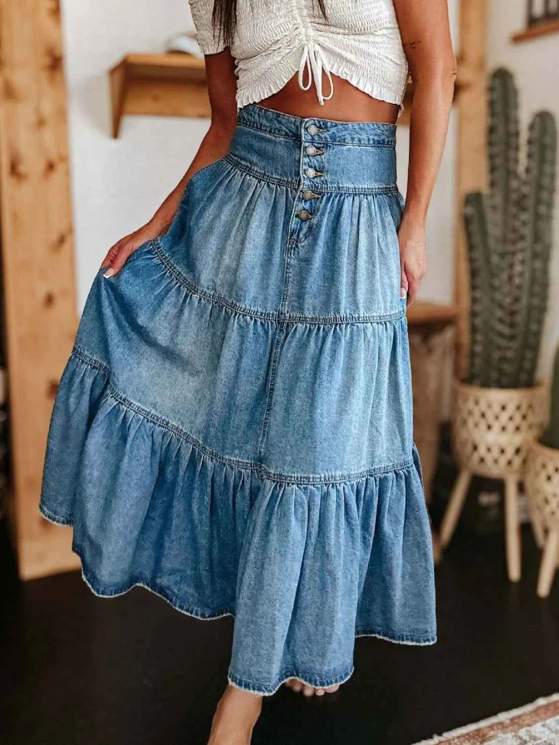 Ruched Button Fly Denim Skirt