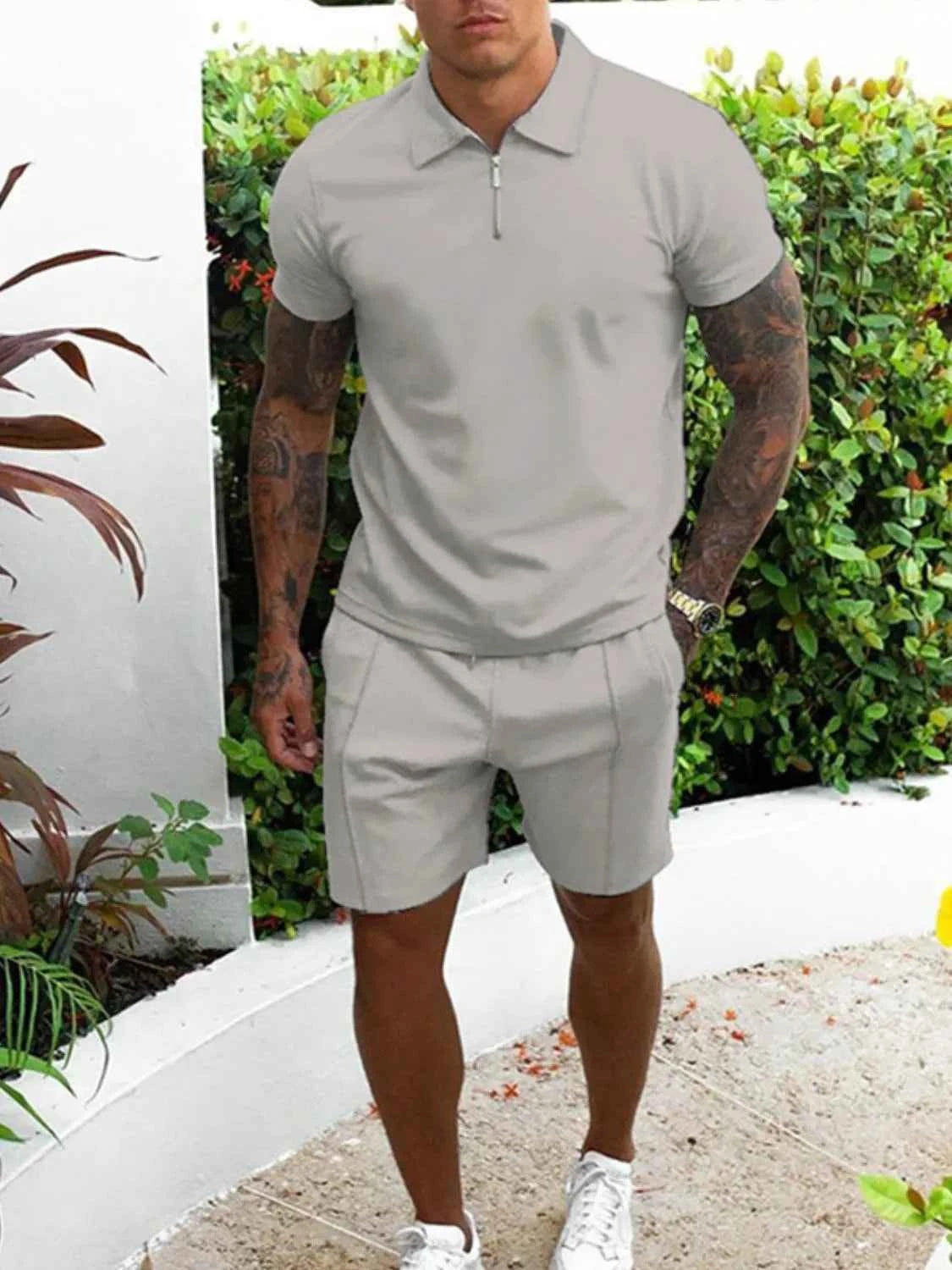 Men's Full Size Collared Neck Short Sleeve Top and Shorts Set Plus Size Gray
