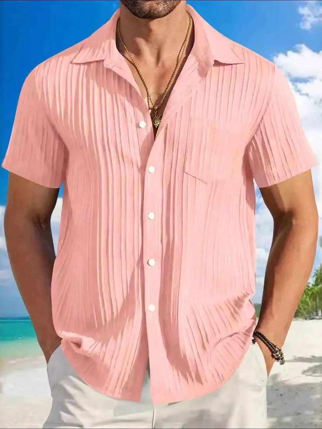 Men's Full Size Button Up Short Sleeve Shirt Plus Size Dusty Pink