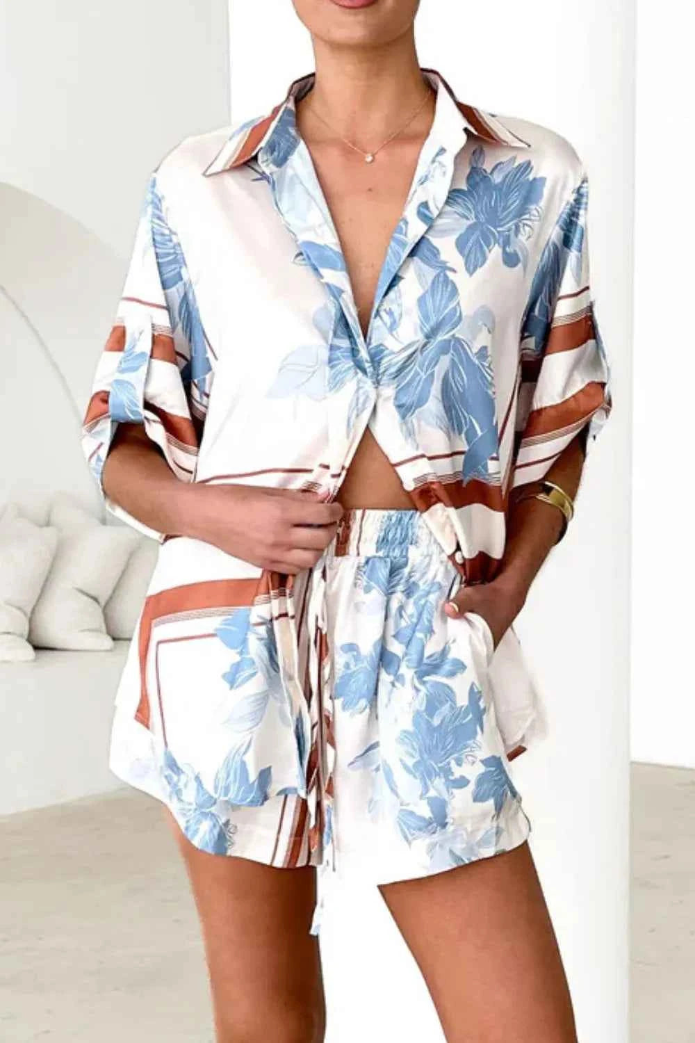 Printed Collared Neck Top and Shorts Set