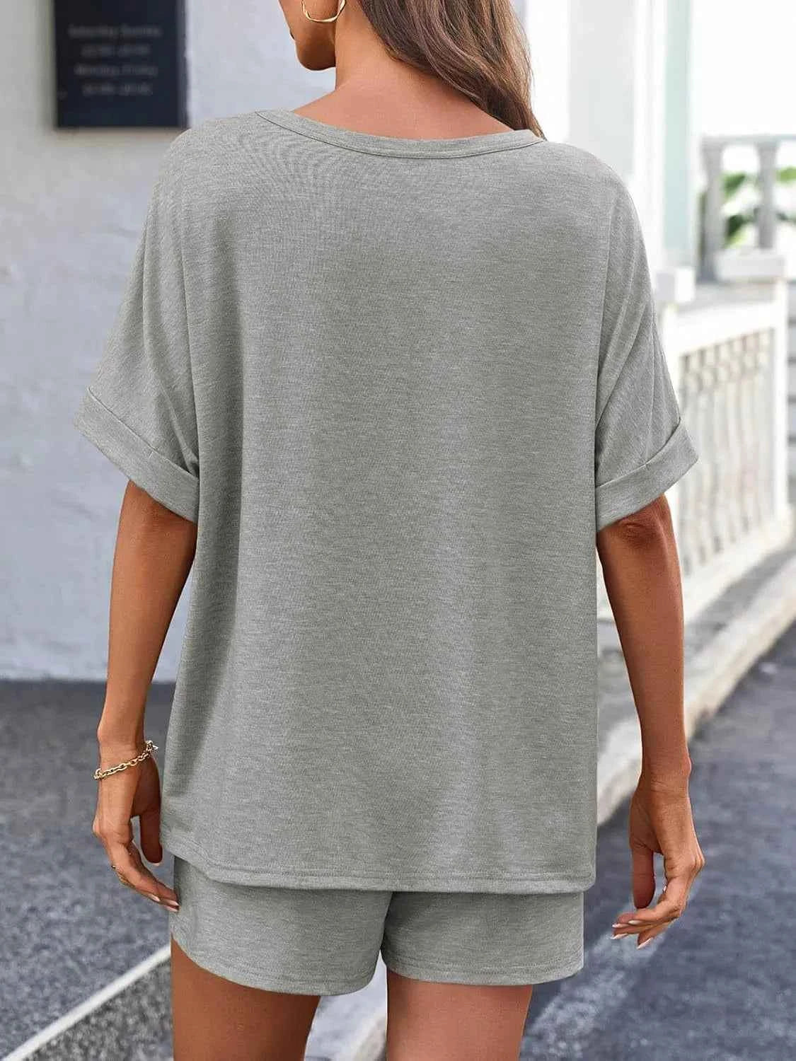 Round Neck Short Sleeve Top and Shorts Set