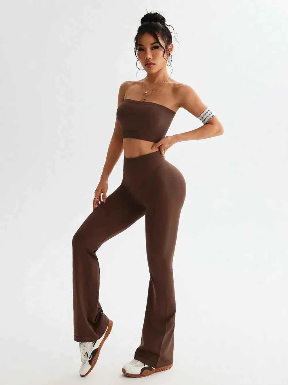 Signature Tube Top and High Waist Flare Pants Active Set Brown S