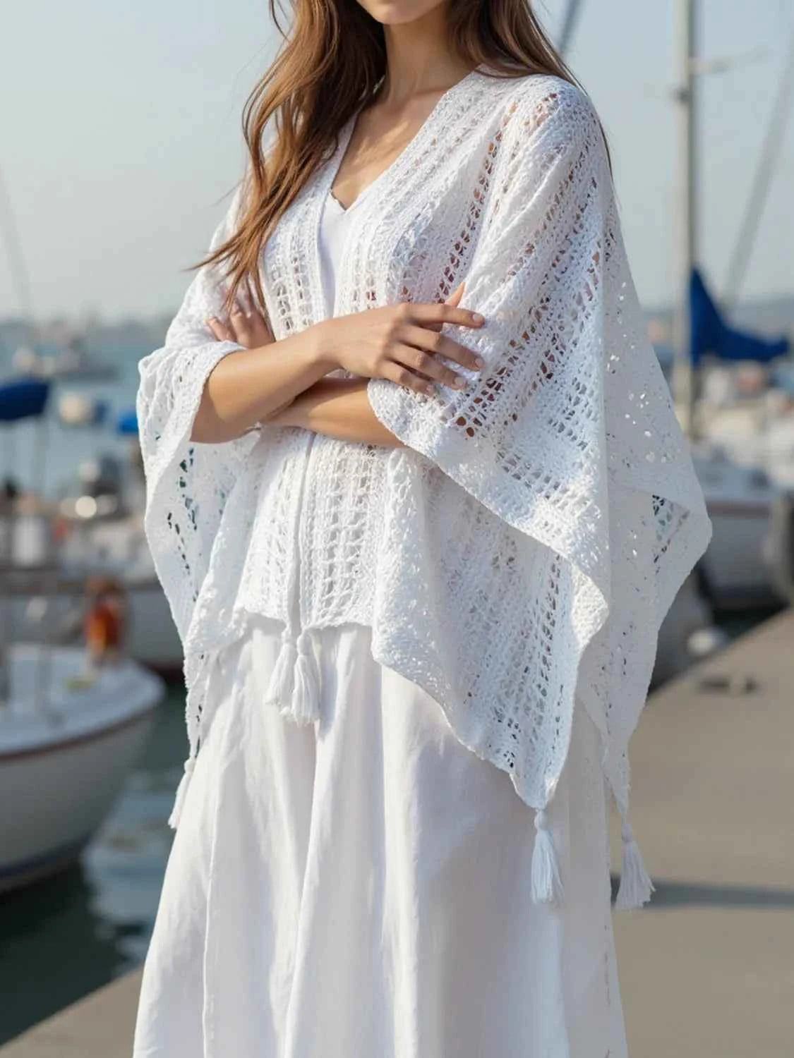 Openwork Tassel Open Front Knit Cover Up