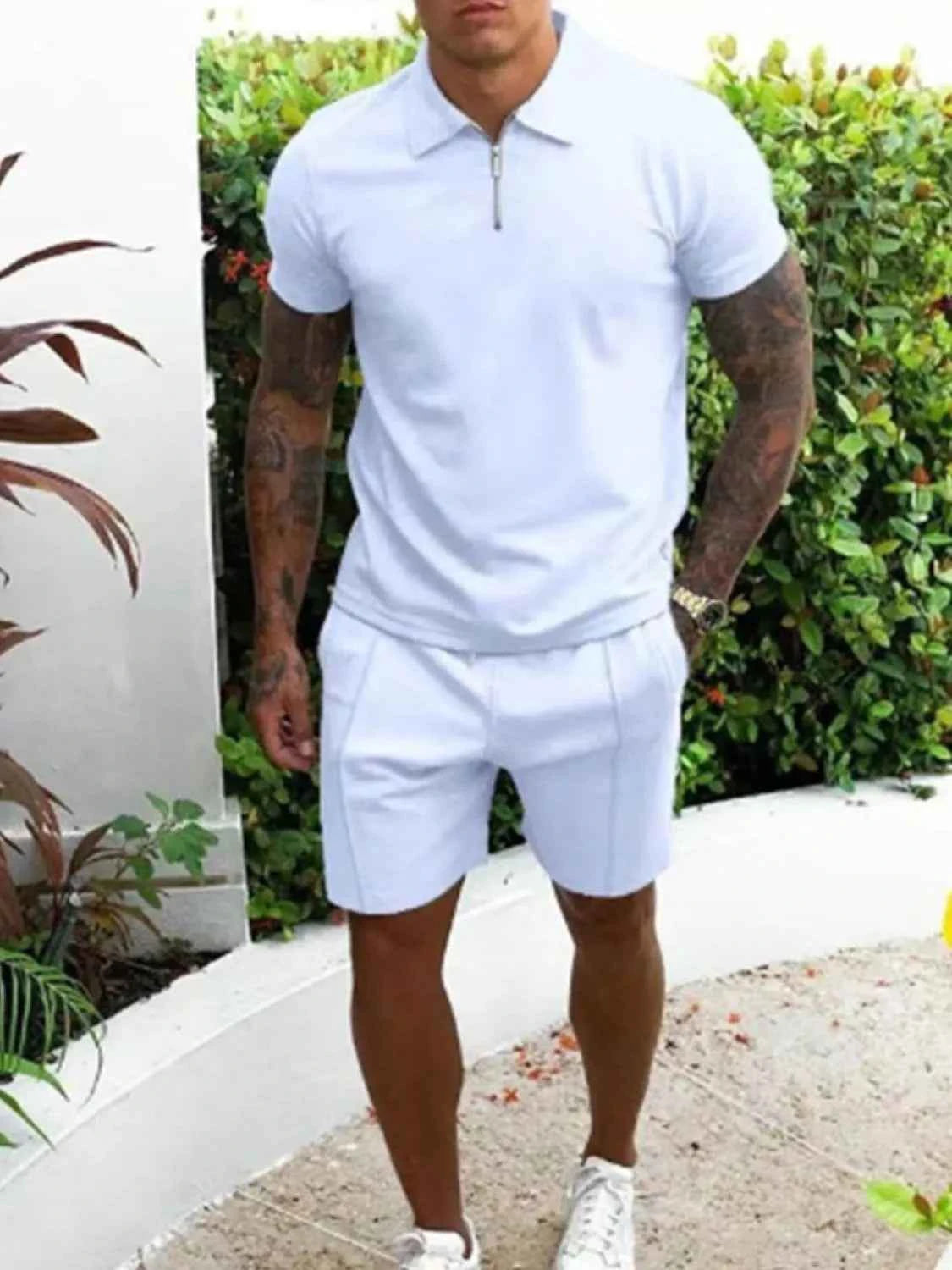 Men's Full Size Collared Neck Short Sleeve Top and Shorts Set Plus Size White
