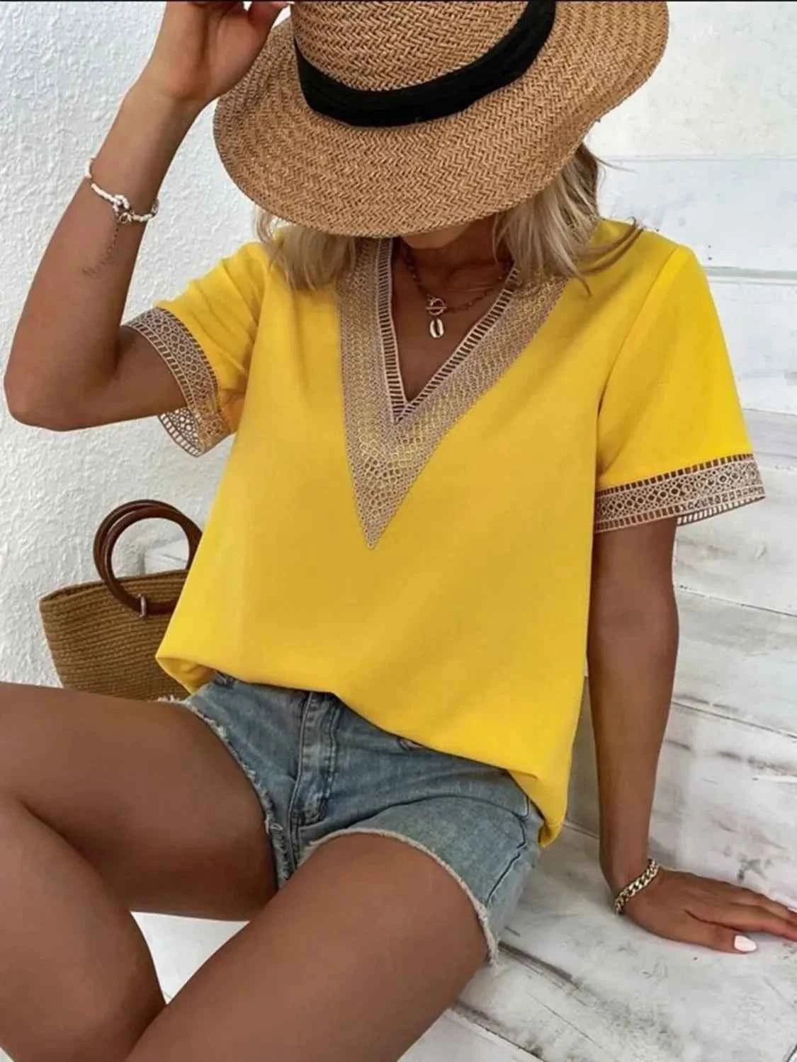 Full Size V-Neck Short Sleeve Blouse Plus Size Yellow
