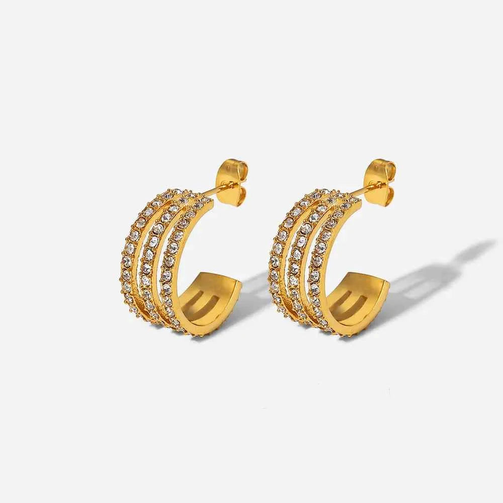 Signature Stainless Steel Inlaid Zircon C-Hoop Earrings Gold One Size